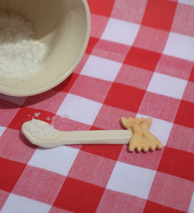 Alice Makes Pottery farfalle pasta salt pig with ceramic spoon detail