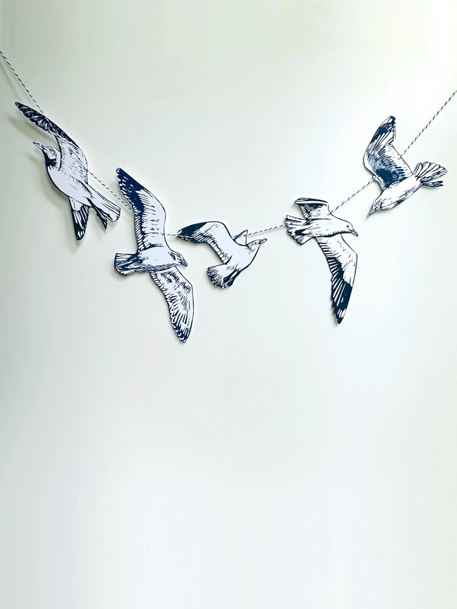 'Swooping Seagulls Of Joy' Hand Printed Bird Linocut Garland