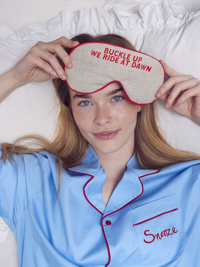 CATHERINE COLEBROOK NATURAL LINEN 'WE RIDE AT DAWN' EYE MASK
