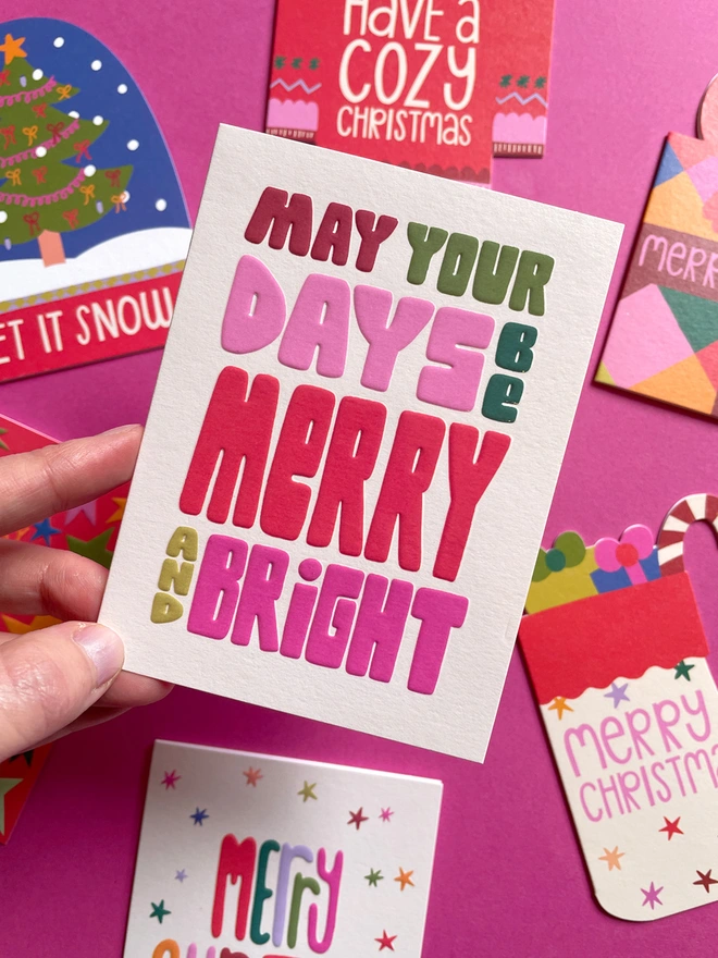 Colourful & Modern Chunky Type ‘May Your Days Be Merry & Bright’ Mini Christmas Card | Raspberry Blossom