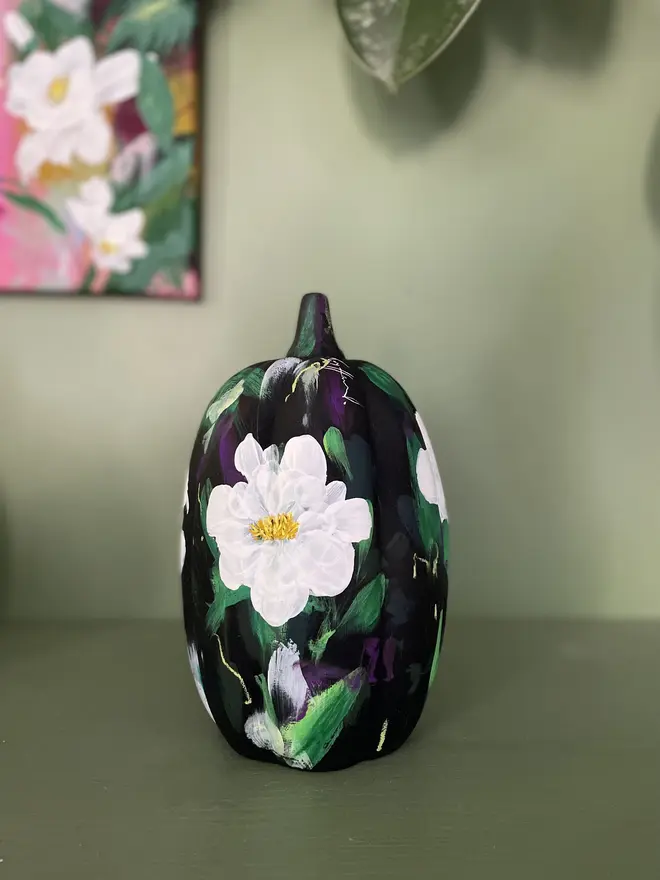 looking flat hand painted floral ceramic pumpkin black background white peony flowers 