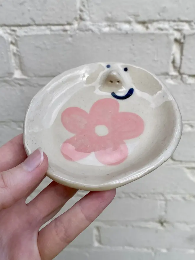 pink flower daisy handmade ceramic trinket dish