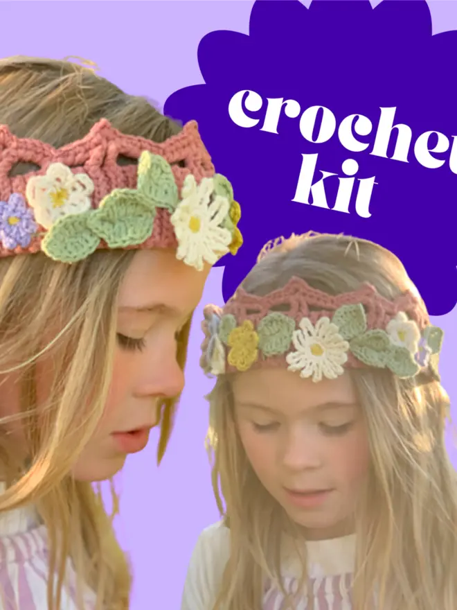 Child wearing Midsummer Solstice Flower Crown sold as a Crochet Kit