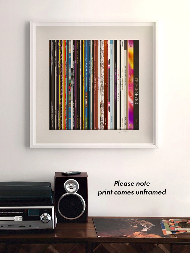 Fine Art print of vinyl records Prince album spines framed example