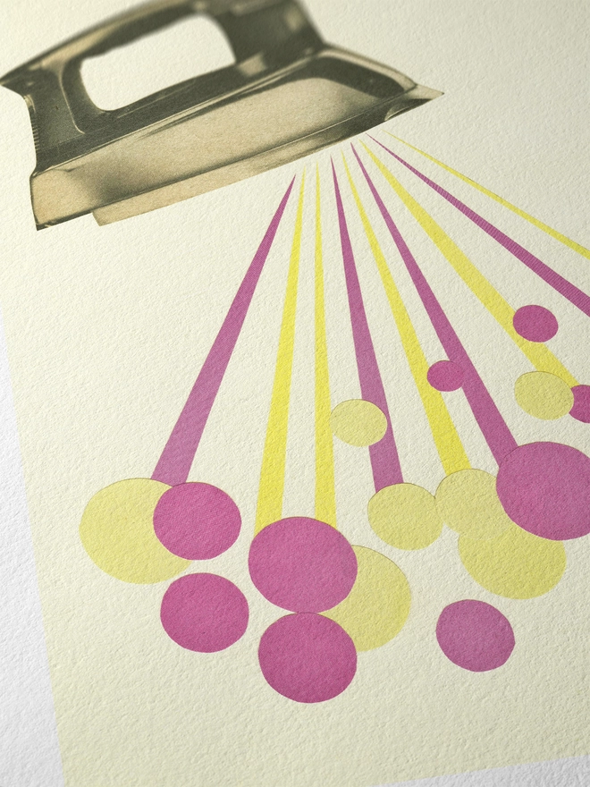 A print featuring a colourful steaming iron.