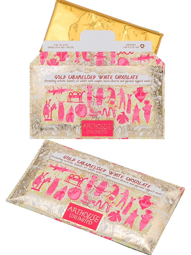 Charity gold caramelised white chocolate bar wrapped in foiled card with pink ancient drawings 