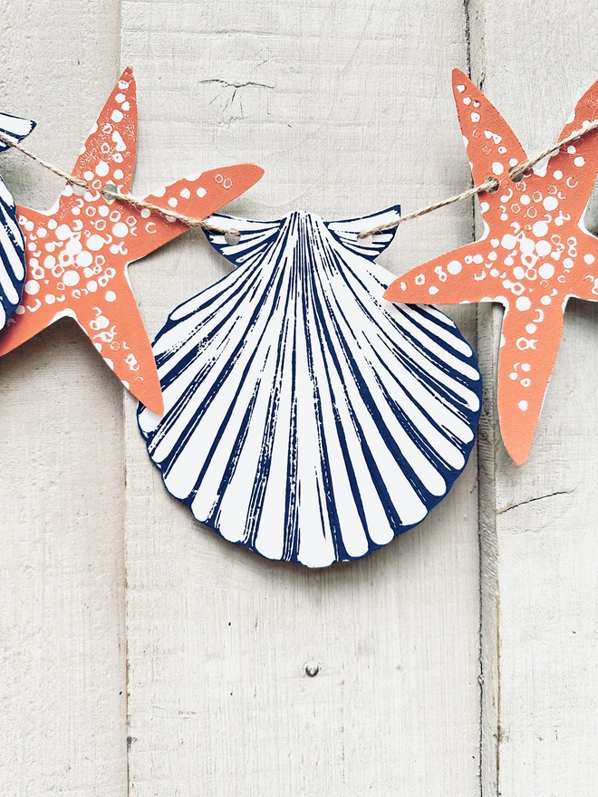 Shell & Starfish Hand Printed Nautical Linocut Garland