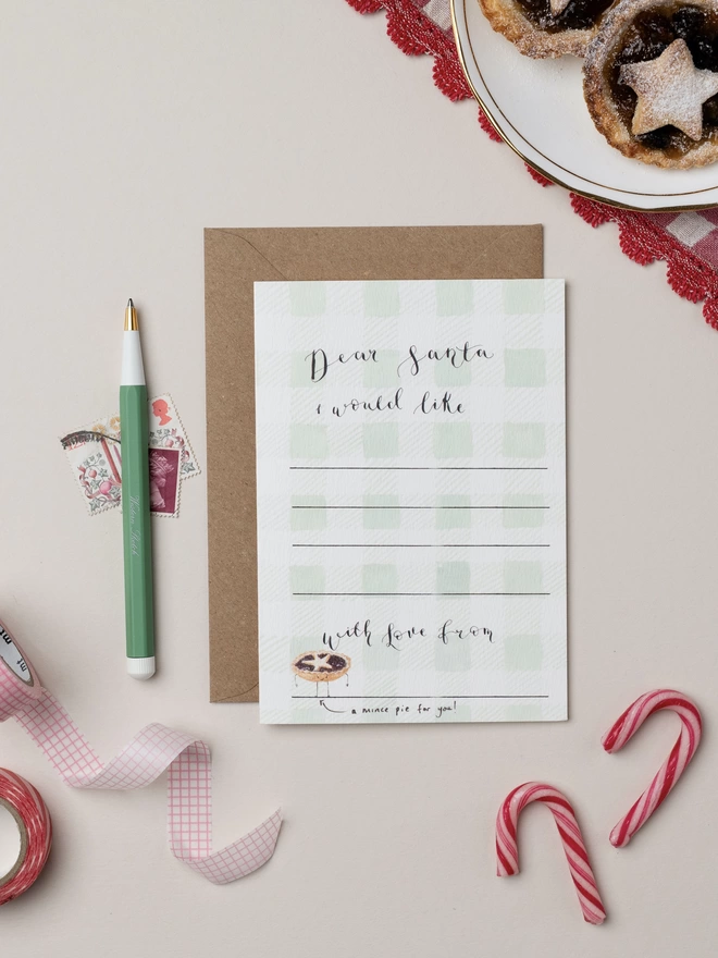 Dear Santa Green Gingham check Christmas Card