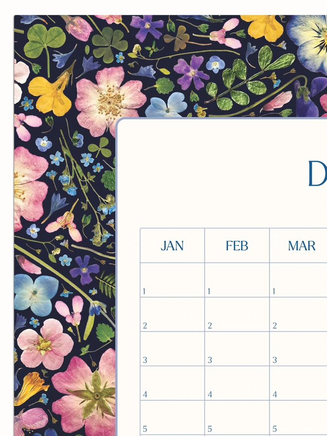 A pretty floral year wall planner. A Yearless calendar with a delightful pressed flower design. Perfect for bringing a touch of the outdoors to any studio, home office or workspace. 