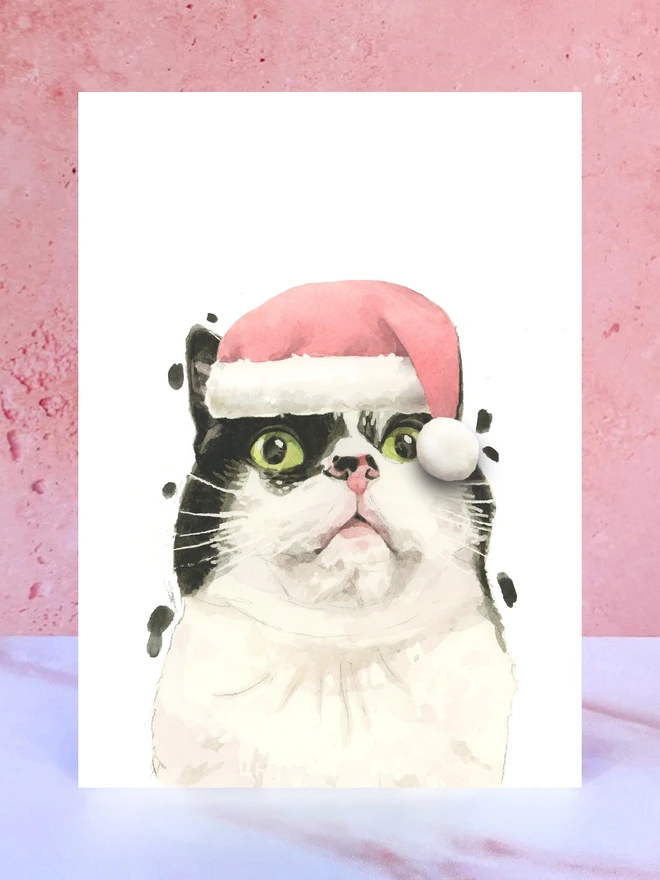 black and white cat santa hat christmas card