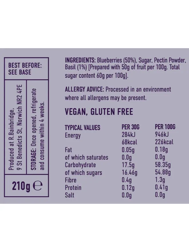 Blueberry Basil (Set Of 1, 2 Or 3), the nutritional information of the jam. 