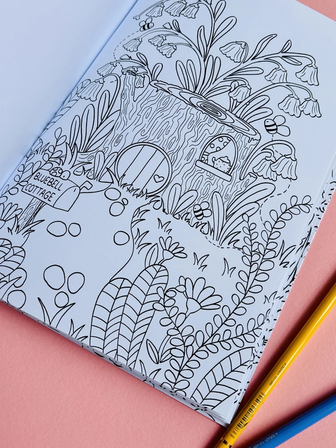 Hand drawn fantasy fairy colouring book with bold easy to colour designs. Tiny homes and cosy scenes for creative kids and adults. A4 size suitable for alcohol markers and felt tips. Ideal stocking fillers