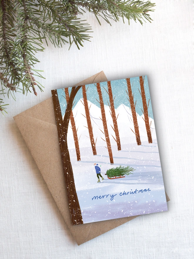 Christmas Tree Sled card with Kraft envelope