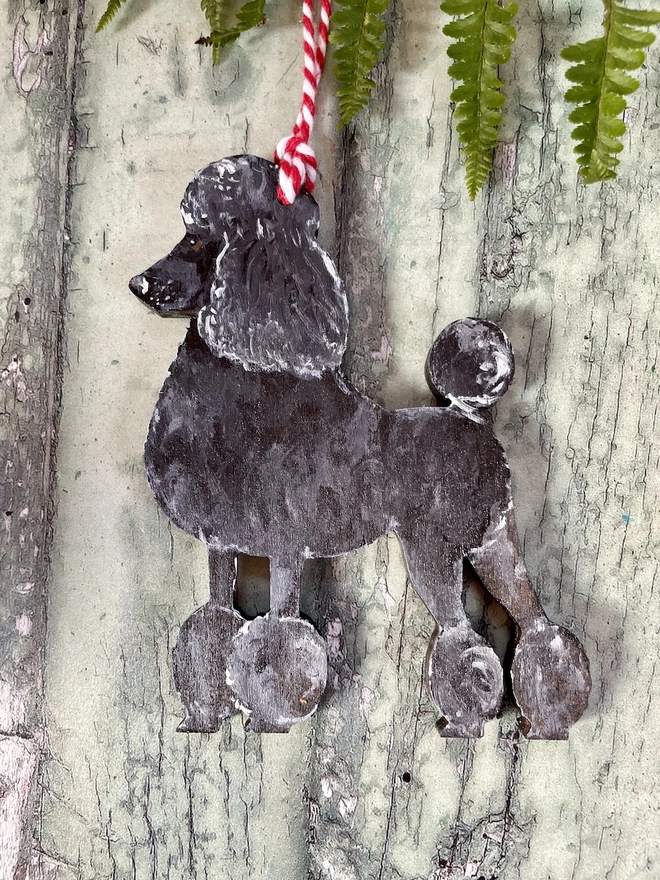 Poodle Dog Hand-painted Wooden Christmas Decoration with red and white twine 