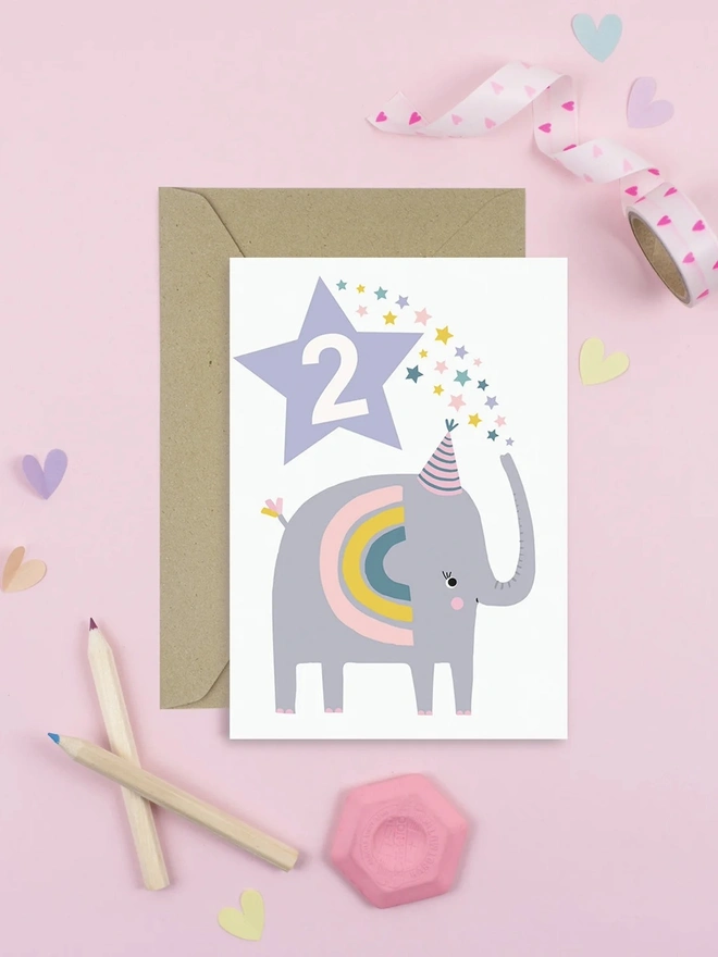 Elephant Purple Kid's Second Birthday Card