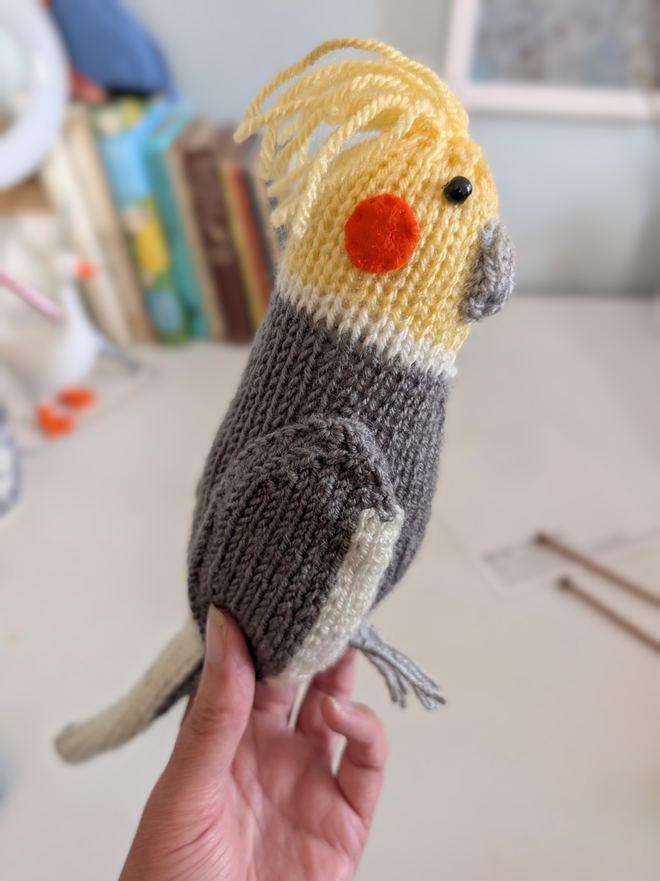 a knitted cockatiel being held with a desk with vintage books in the background