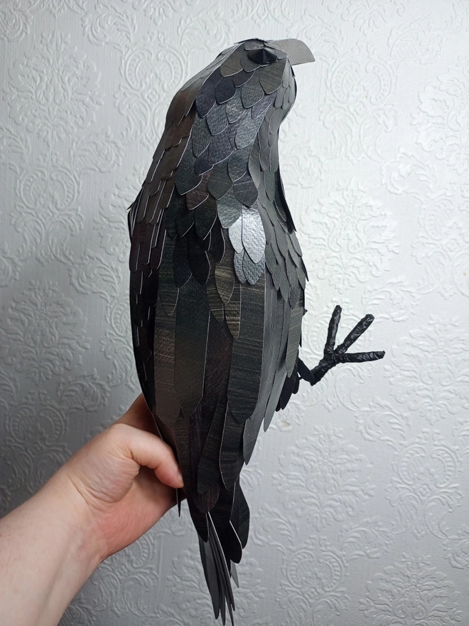 free standing crow sculpture, made from hand printed papers