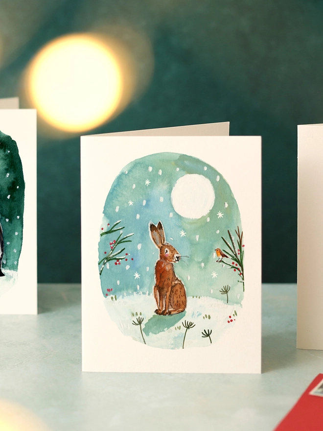 Hare and Robin in Moonlight Mini Christmas Card