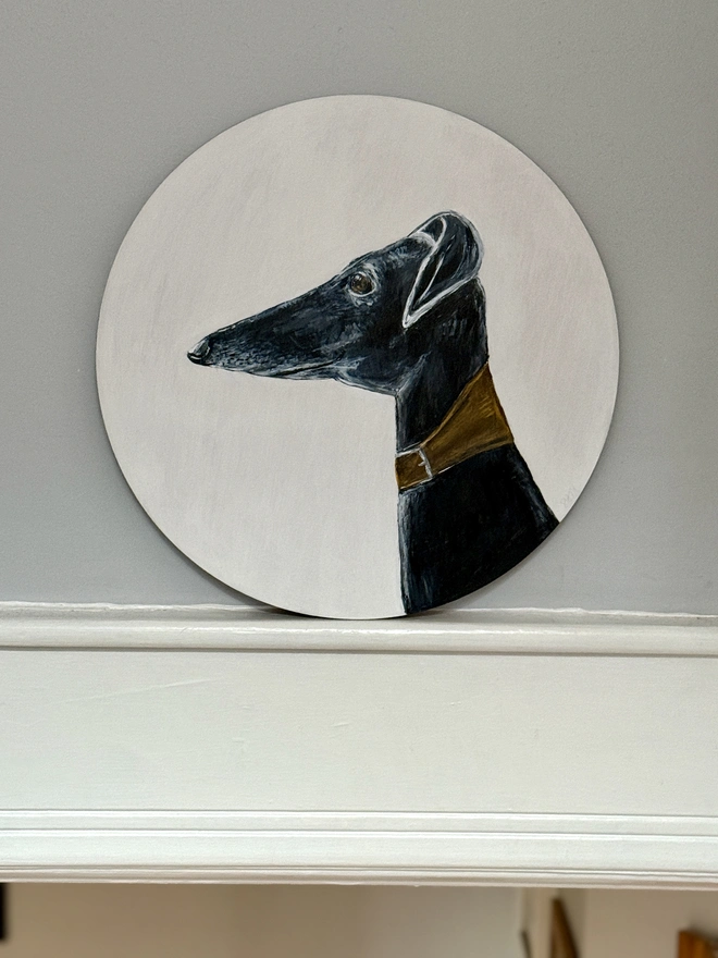 Large Hand-Painted Greyhound Picture painted onto a wooden circular background dog art