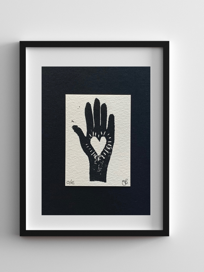 hand heart mini lino print susan bradley