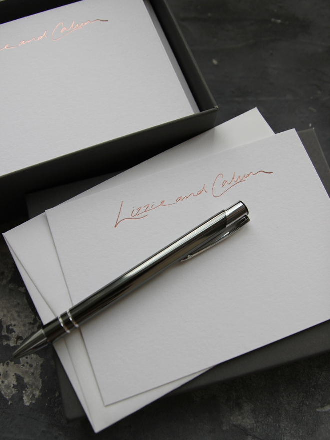 peronalised correspondance notecards hand foiled in rose gold foil