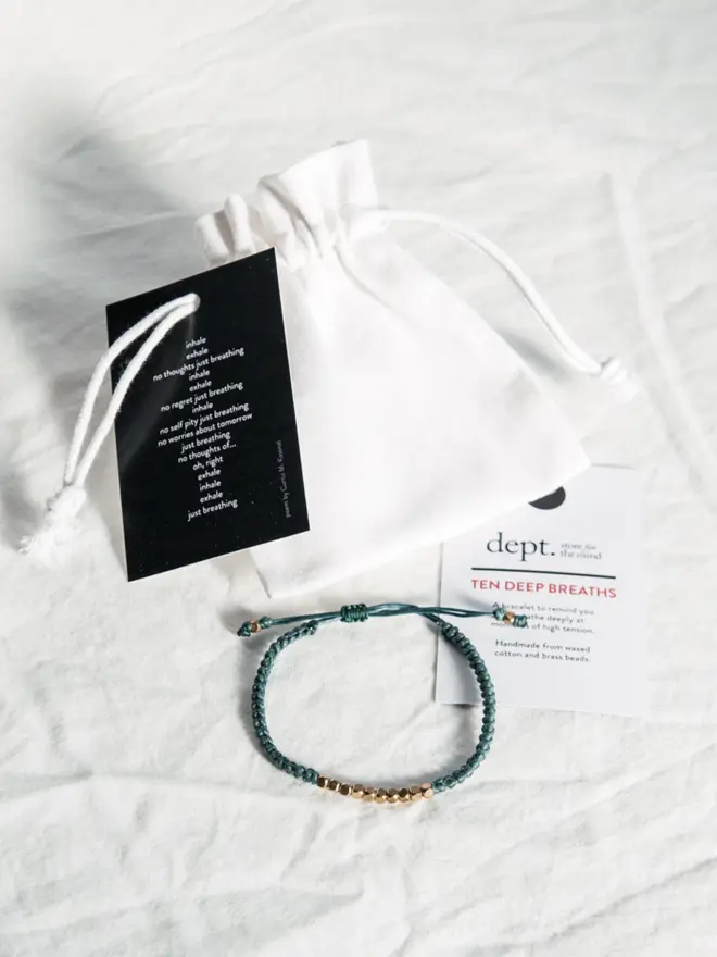 Ten Deep Breaths Bracelet in Forest Green with Drawstring Bag
