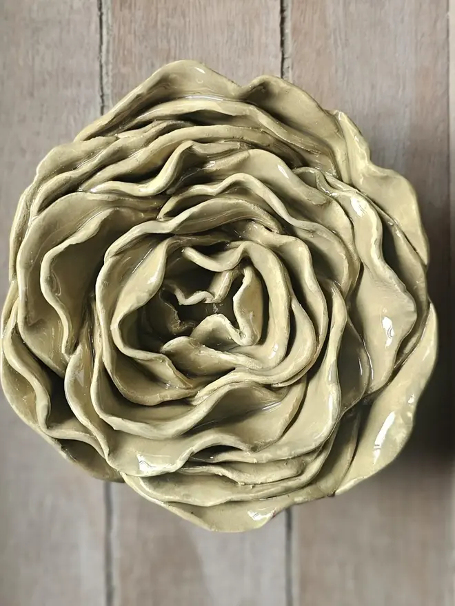 khaki sage olive green ceramic flower pottery art for wall sculpture handmade unique gift