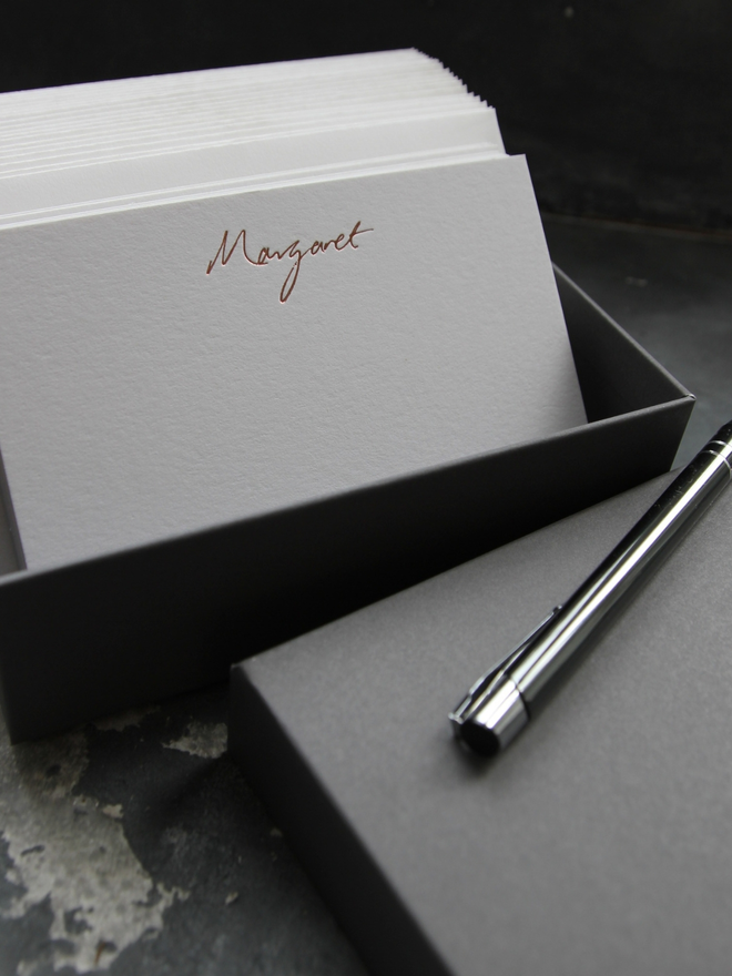 peronalised correspondance notecards hand foiled in rose gold foil