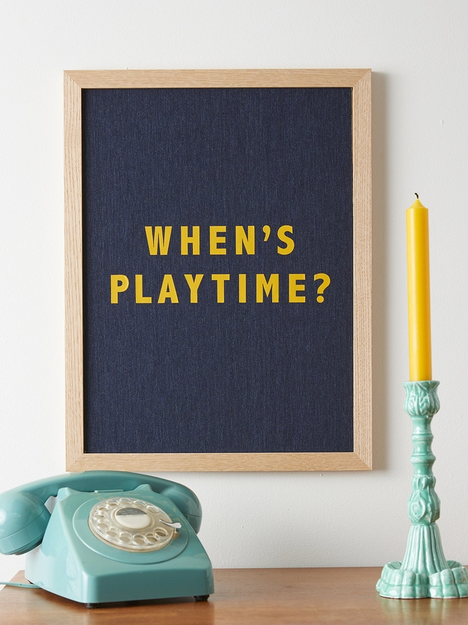 When's playtime? navy linen print with yellow typography