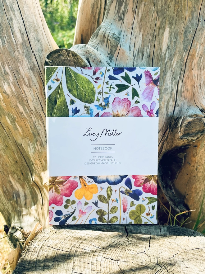 Small Recycled Notebook with Botanical Card Cover Featuring Digitally Printed Pressed Flower Design on Tree Stump
