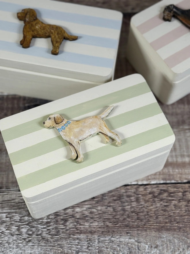 Green and White Striped Box with a hand-painted pale yellow labrador with a blue and yellow forget me not flower collar