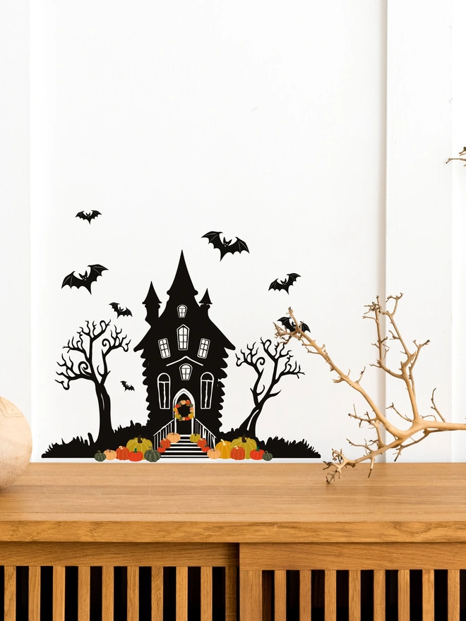 Halloween haunted house wall sticker with bats and pumpkins