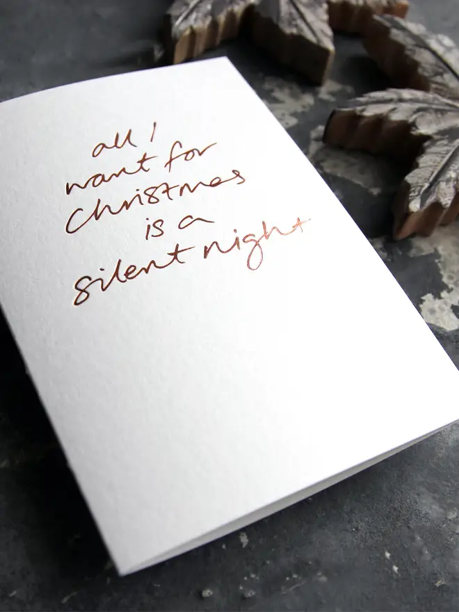 all i want for christmas is a silent night white christmas card metallic script