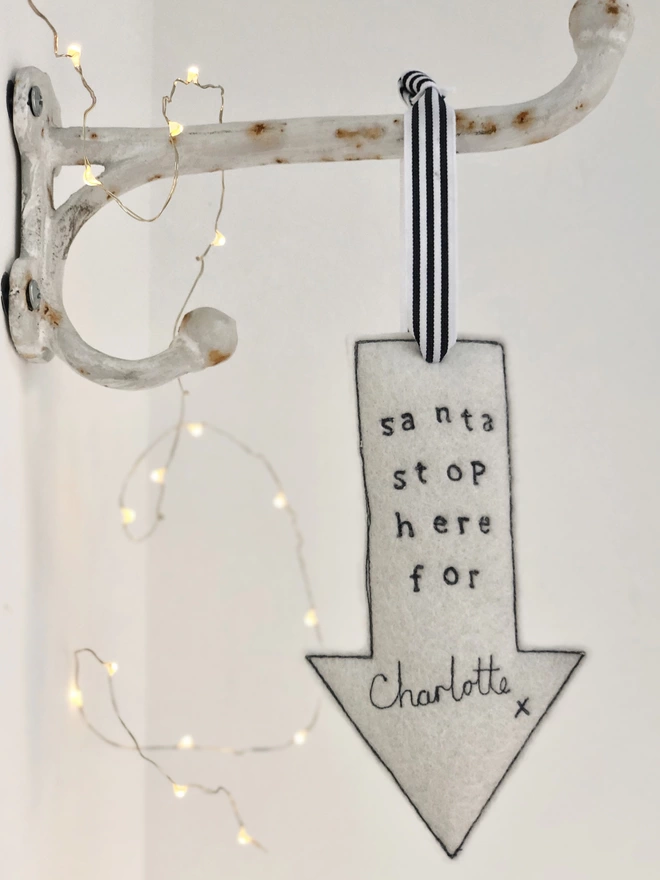 Santa Stop Here Personalised Christmas Decoration on a hook with lights