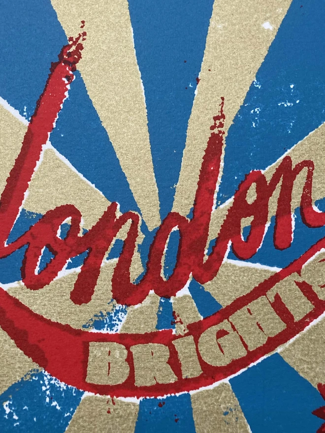 Bring a touch of nostalgic British charm to your space with this striking London Brights limited edition screen-print, inspired by the bold graphics of fireworks labels.     Featuring a vibrant palette of red, blue, and gold, the design showcases dramatic sunburst rays and retro typography, capturing the energy and character of classic mid-century advertising.      Each print includes the artist’s signature and edition number, this piece is perfect for lovers of London, vintage design, and unique statement art.