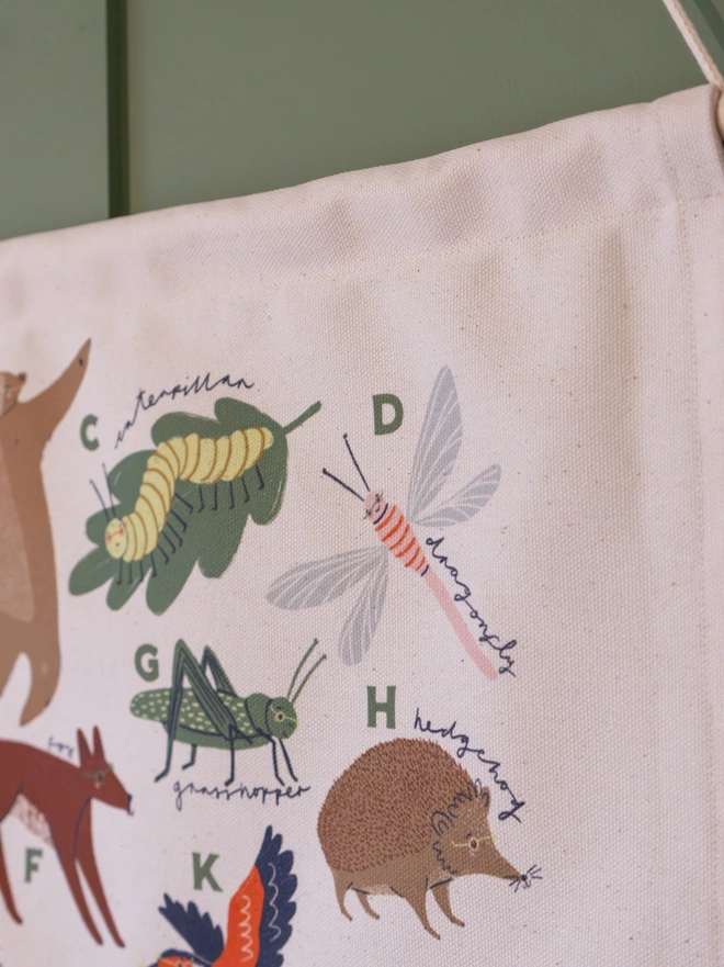 Woodland Alphabet Fabric Banner, close up. 