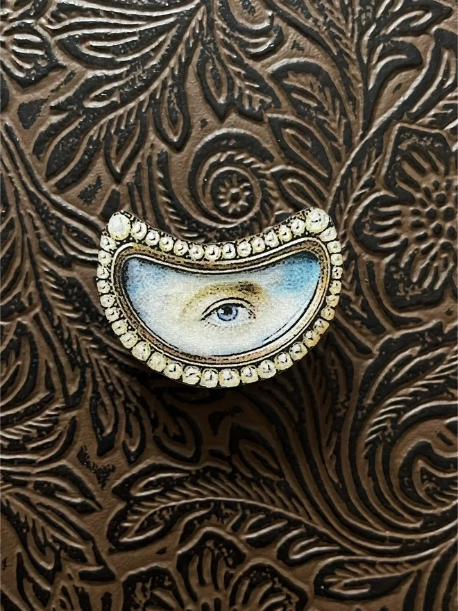 lovers eye brooch, the front is an illustration of a lovers eye with a snake like metal border, printed onto a wood brooch base, with a brass clasp at the back