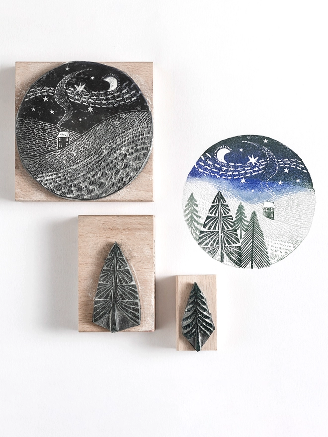 snowy landscape rubber stamps with fir tree wooden rubber stamps