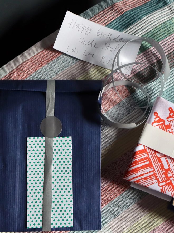optional gift wrap comprising navy paper, ribbon and a patterned gift card.