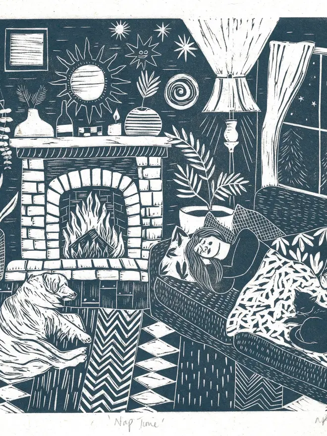 Nap Time Linocut Print
