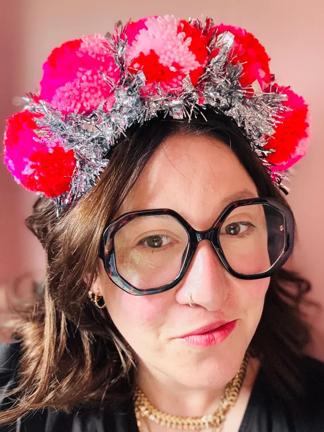 Pom Pom headband tinsel headband pink Pom Pom festival headband 
