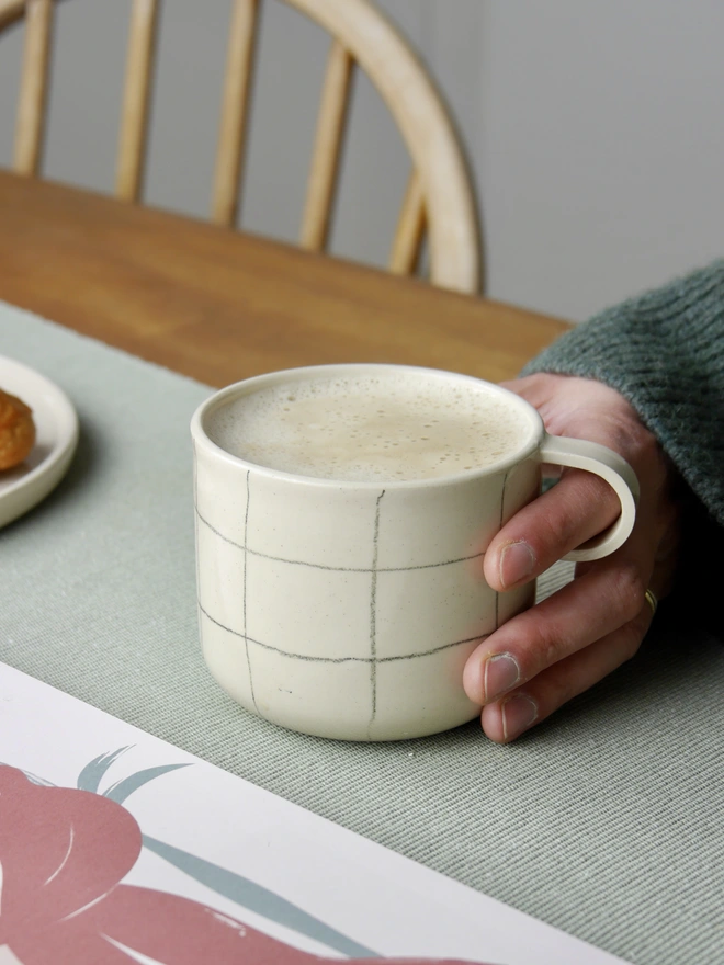 Large handmade grid pattern mug
