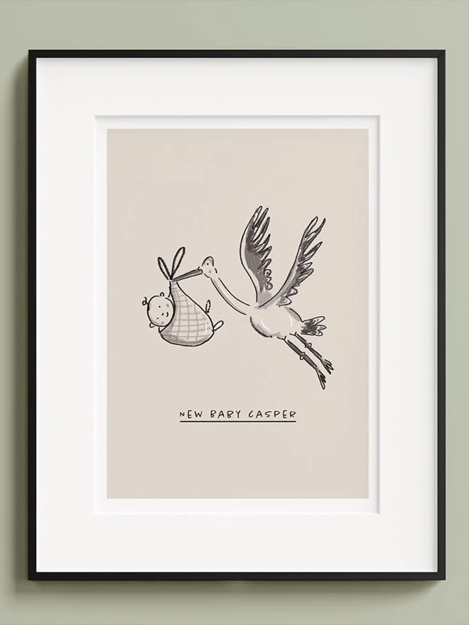 custom new baby illustration. a beige background with an illustrated stork carrying a baby.