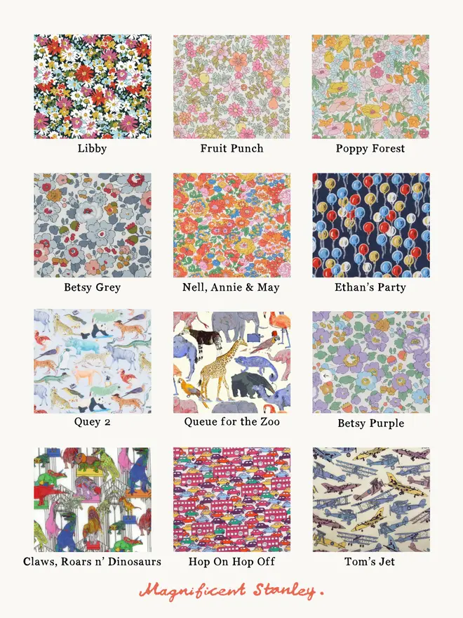 the choice of 12 Liberty Print swatches including floral prints, zoo animals, cars and planes