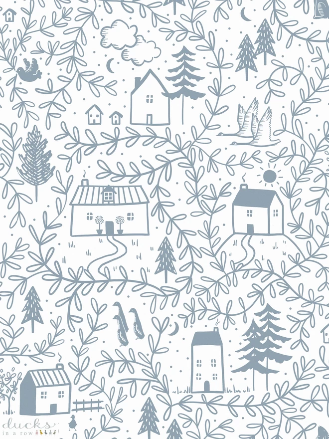 Cottages in the woods dusk blue wallpaper design featuring cottages, woodland animals and foliage
