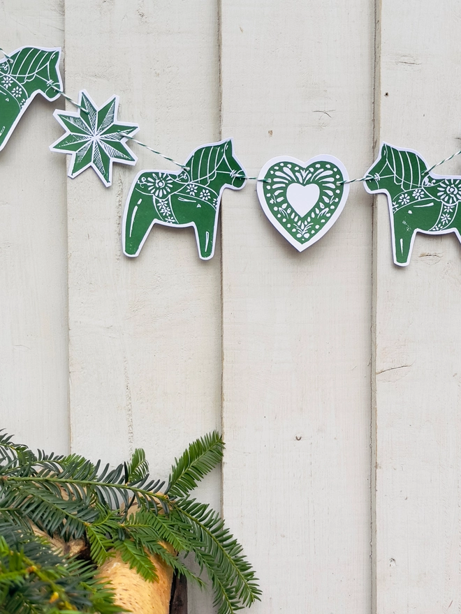 Traditional Nordic Dala Horse Christmas Linocut Garland
