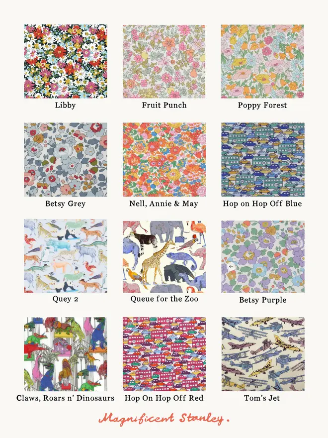 the choice of 12 Liberty Print swatches including floral prints, zoo animals, cars and planes