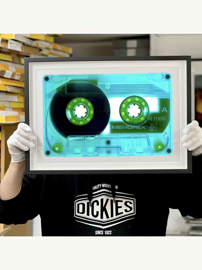 Richard holding Heidler and Heeps Tape Collection Ferric 60 Aqua framed in black