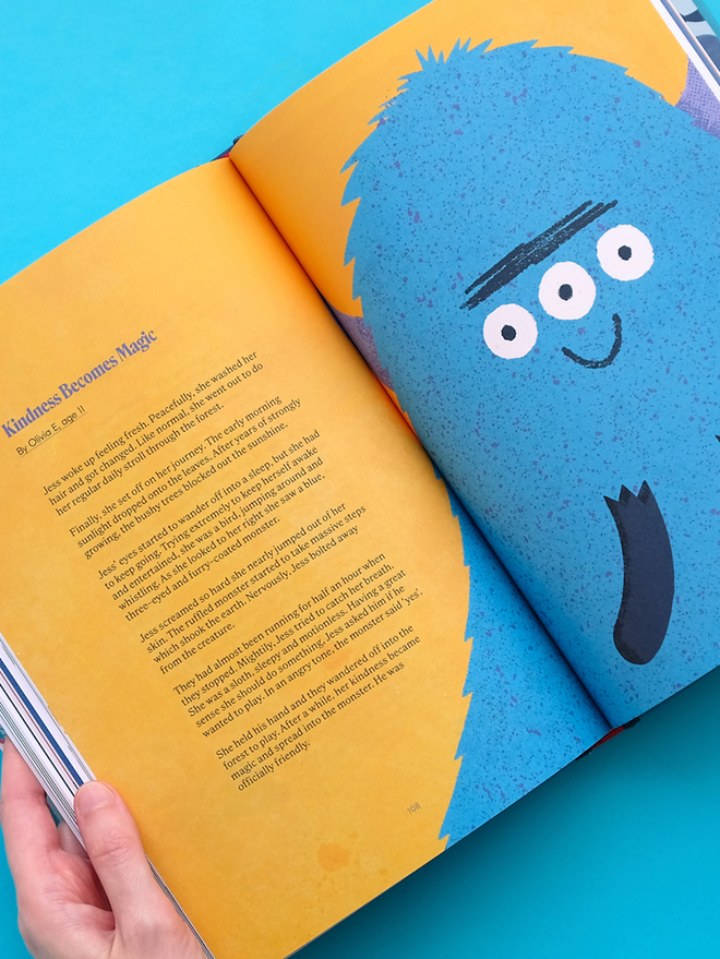Page from children's story book with illustration of blue monster on yellow page