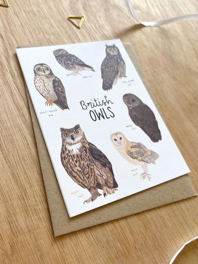 a greetings card featuring owls found in britain and the words “British Owls”